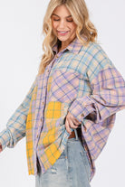 SAGE + FIG Lavender Button Up Raw Hem Plaid Flannel Shirt Trendsi