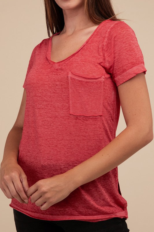 Washed Melange Burnout Scoop V-Neck Top RUBY ZENANA