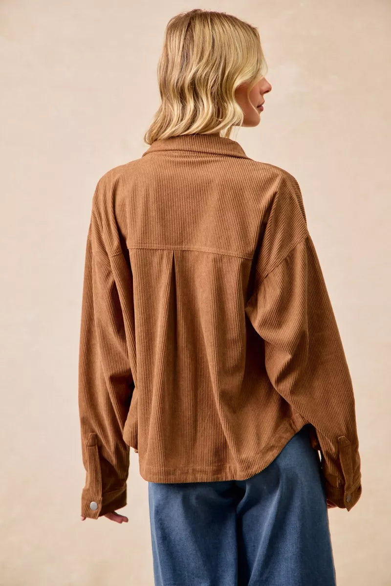 BiBi Camel Corduroy Relaxed Fit Shacket with Back Pleat