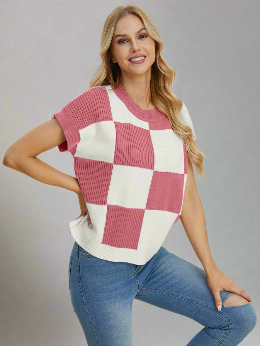 Double Take 4 Colors Checkered Textured Round Neck Short Sleeve Sweater Dusty Pink Shirts & Tops