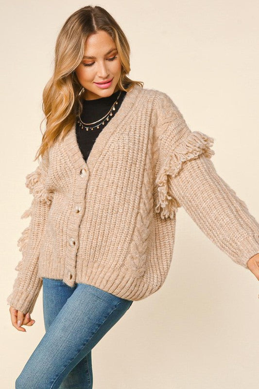 Haptics Oversized Oatmeal V Neck Fringe Chunky Cable Cardigan Sweater Haptics