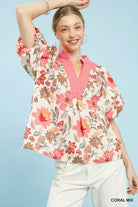 Umgee Coral Mix Floral Puff Sleeve Blouse CORAL MIX