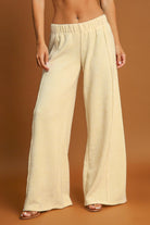 Umgee Cream Ribbed Elastic Waist Wide Leg Pants Cream Pants