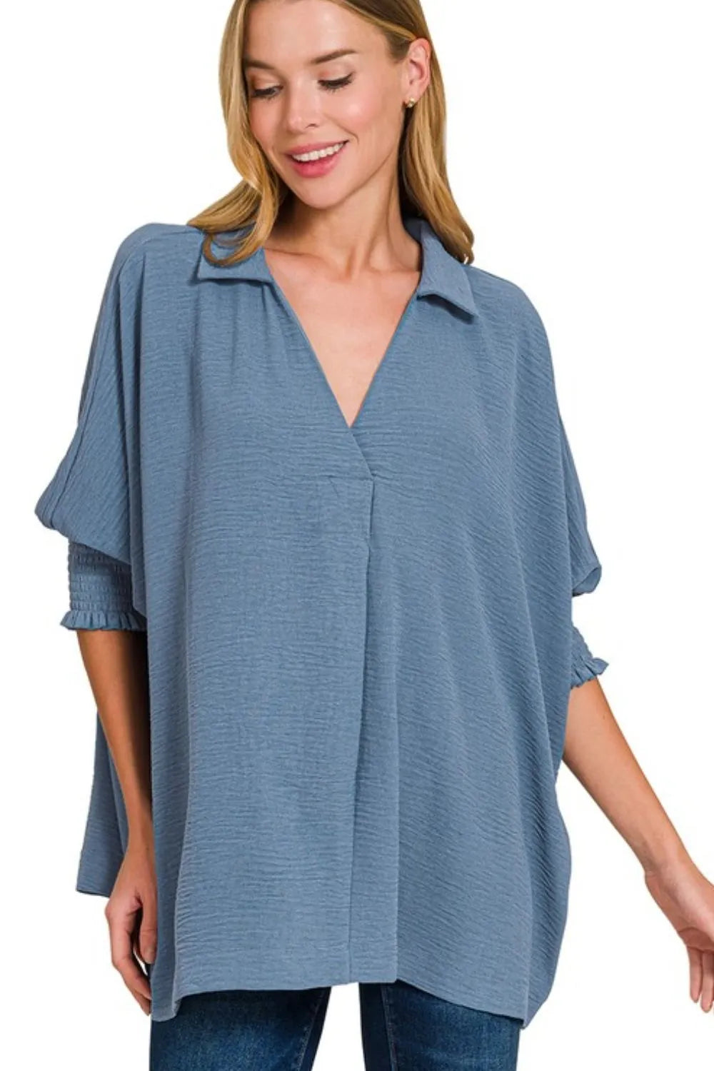 Zenana Dusty Blue Airflow Collar Tee with Smocked Sleeve Band Top DUSTY BLUE
