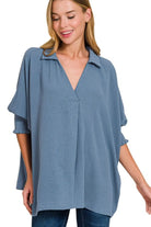 Zenana Dusty Blue Airflow Collar Tee with Smocked Sleeve Band Top DUSTY BLUE