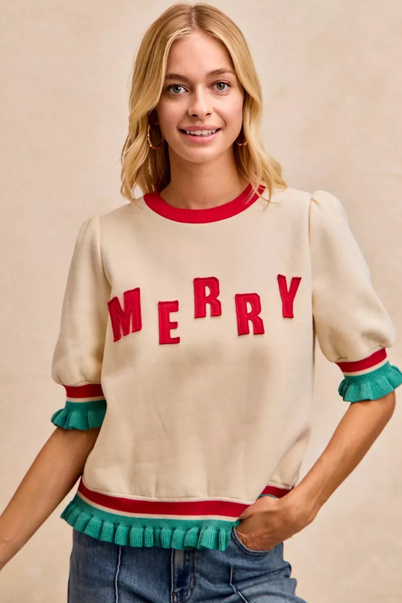 BiBi Christmas Merry Letter Patches Contrast Banded Top CREAM RED