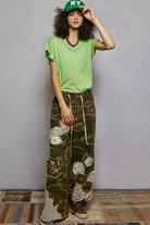 POL Lime V-Neck Short Sleeve T-Shirt with Ruffle Sleeve