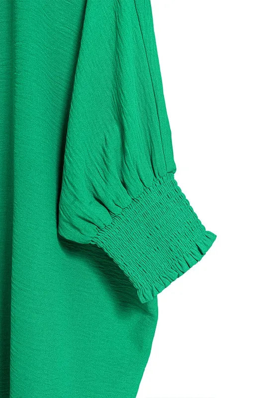 Zenana Kelly Green Airflow Collar Tee with Smocked Sleeve Band Top