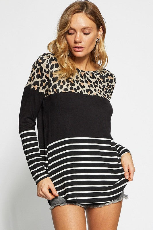 BiBi Leopard Color Block Striped Round Neck Long Sleeve Top