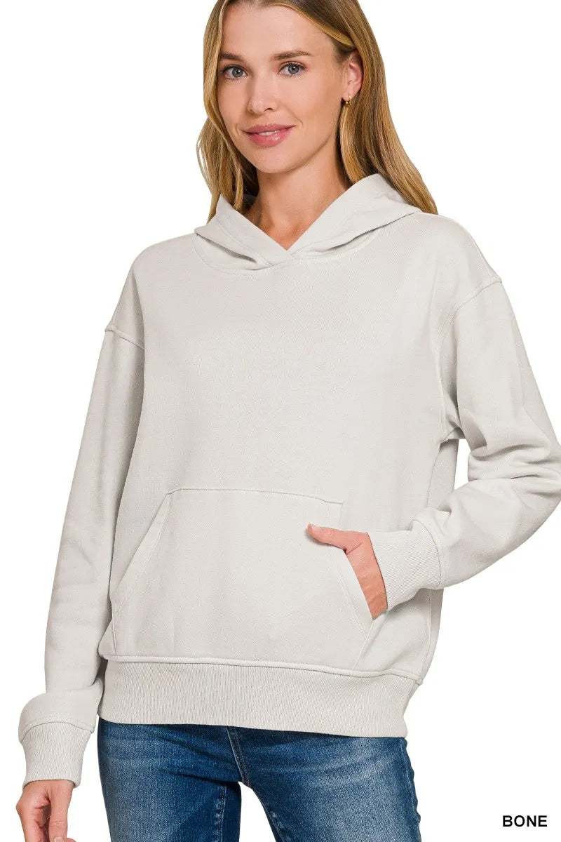 Zenana Bone Fleece Kangaroo Pocket Hoodie BONE