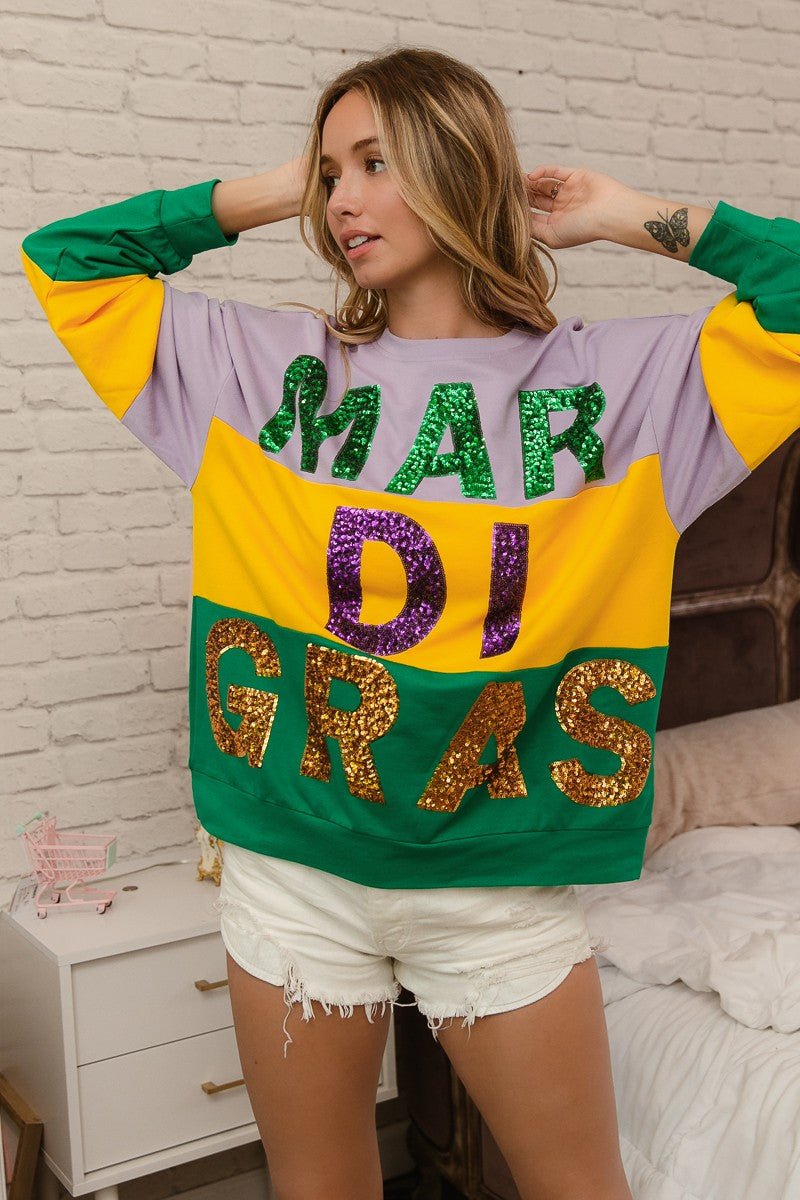 BiBi Sequin Mardi Gras Lettering Color Block Sweatshirt