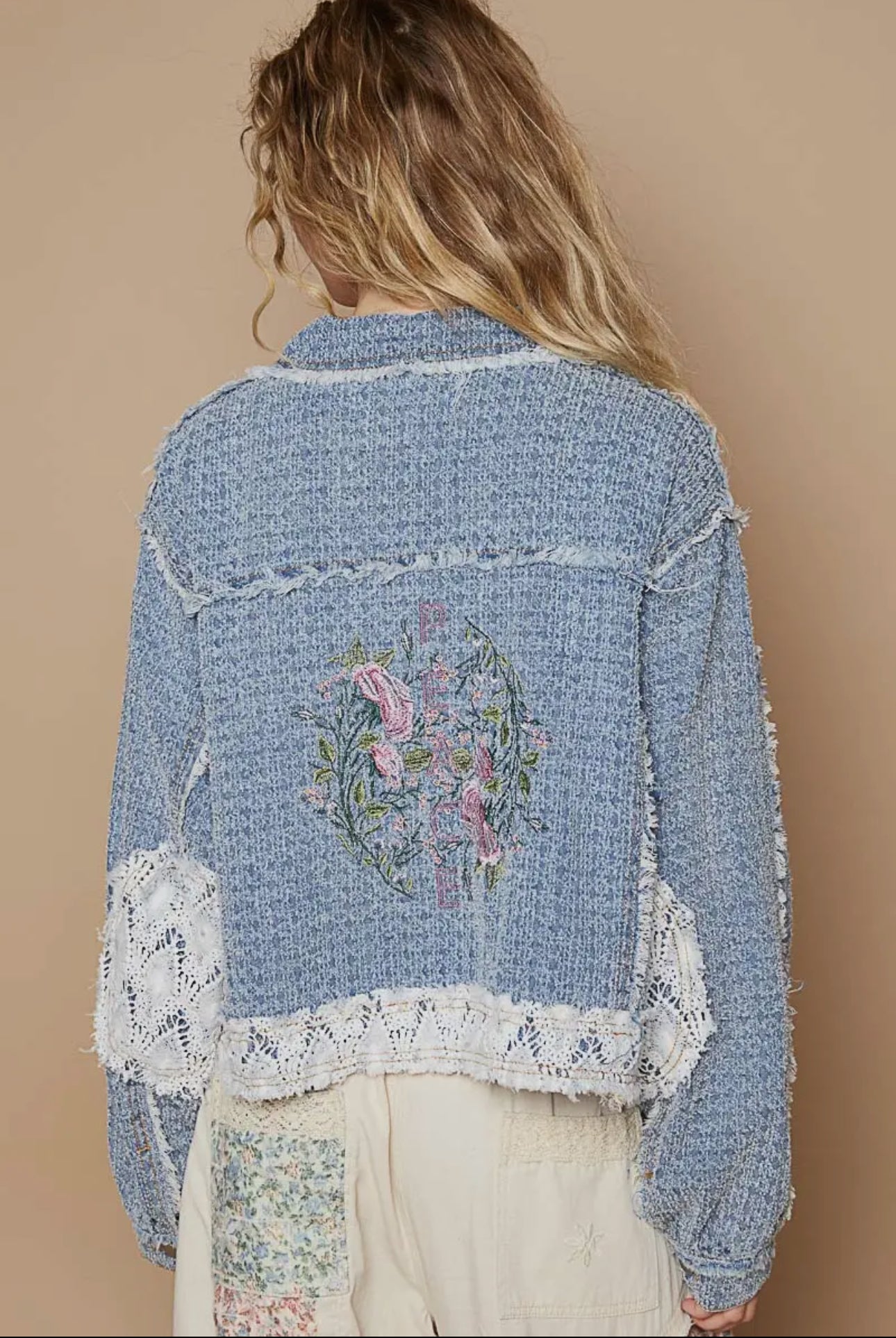 POL Dusty Blue Crochet Patch Embroidered Button Up Jacket Coats & Jackets