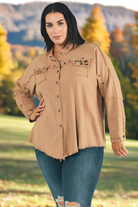 Davi & Dani Plus Distressed Hem Studded Button Down Oversized Shirt Davi & Dani