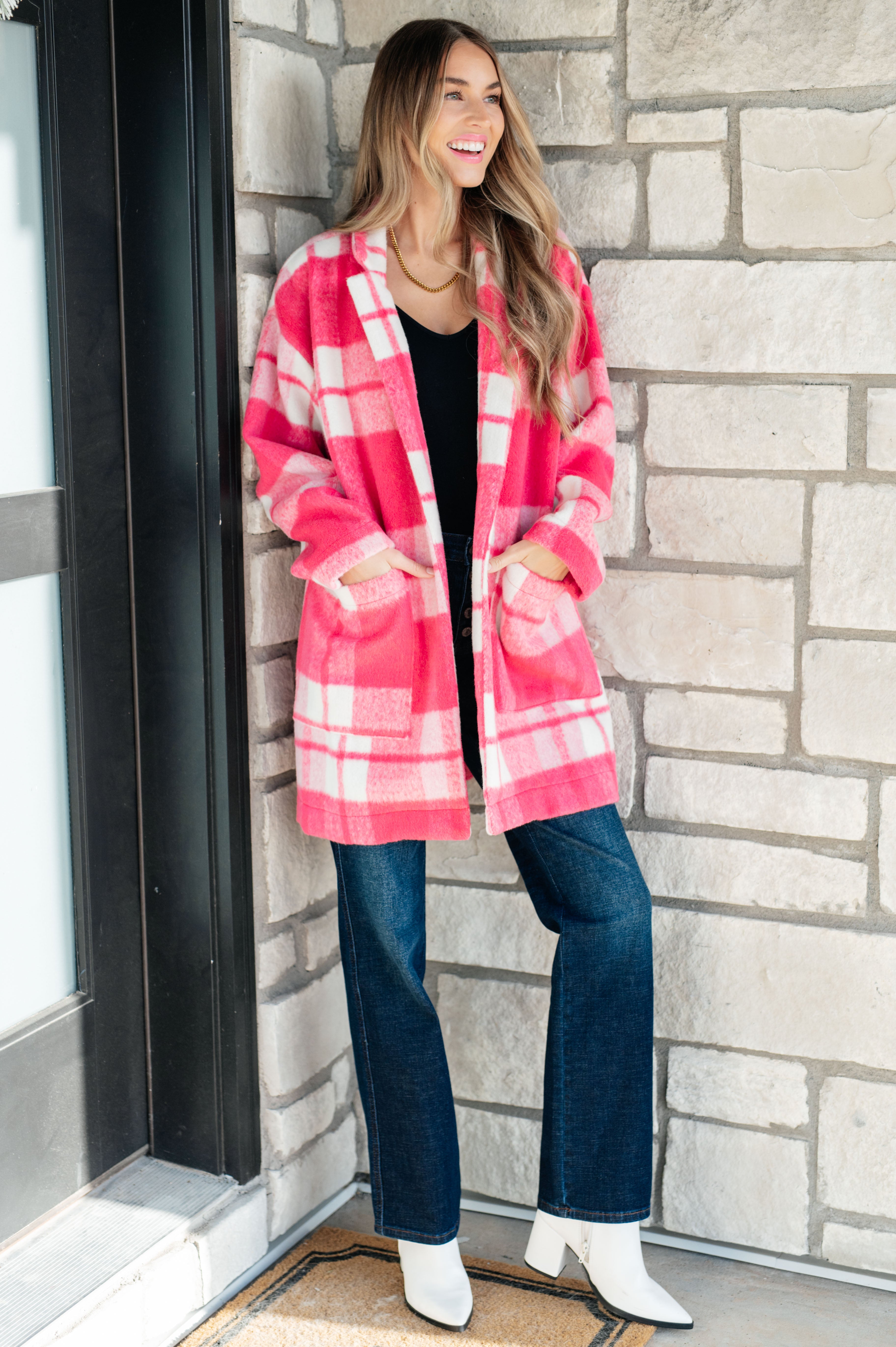 Davi & Dani Hot Pink Checker Plaid Open Front Drop Shoulder Longline Coat Trendsi