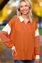 Haptics Rust Color Block Exposed Seam Long Sleeve Top Rust Trendsi