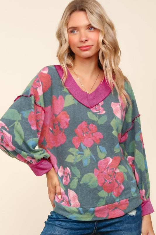 Haptics Beautiful You Vintage Teal Floral Print V Neck Hacci Knit Sweater Haptics