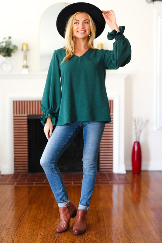 Haptics Hello Beautiful Hunter Green Smocked Bubble Sleeve Woven Top Haptics