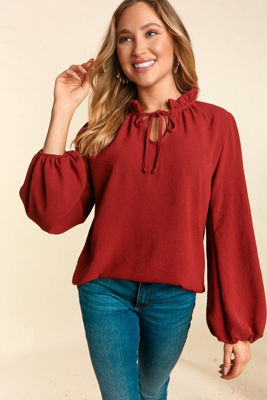 Haptics Burgundy Frilled Edge V Neck Tie Top Haptics