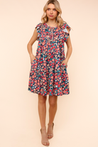 Petal to the Metal Flutter Sleeve Dress in Navy/Coral Womens