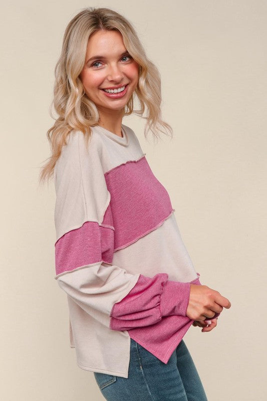Haptics Latte & Magenta Color Block Loose Fit Knit Pullover