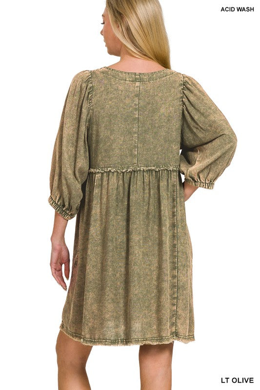 Zenana Deep CamelWashed Linen Pleated Puff Sleeve Babydoll Dress Trendsi