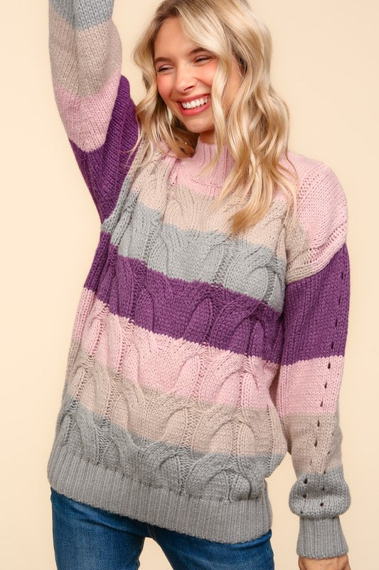 Haptics Mauve Multicolor Stripe Cable Knit Mock Neck Sweater Haptics