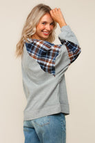 Haptics Gray & Navy Solid Thermal Knit Plaid Woven Loose Fit Sweater Top