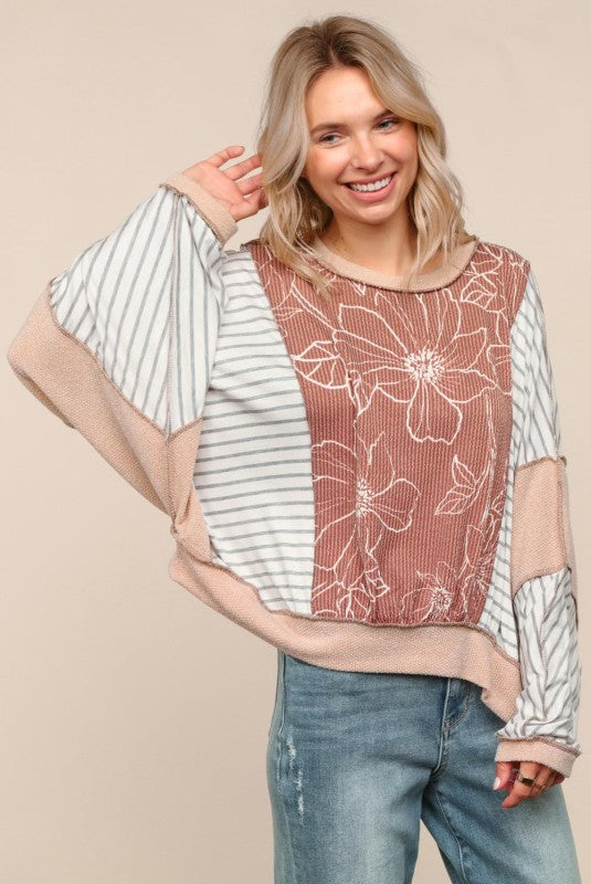 Haptics Mocha/Oatmeal Oversized Striped and in Floral Long Sleeve Dolman Top