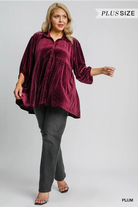 Umgee Burgundy Velvet Beaded Button Up Half Sleeve Tunic Shirts & Tops