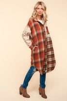 Haptics Stand Out Rust & Taupe Color Block Plaid Longline Shacket Haptics