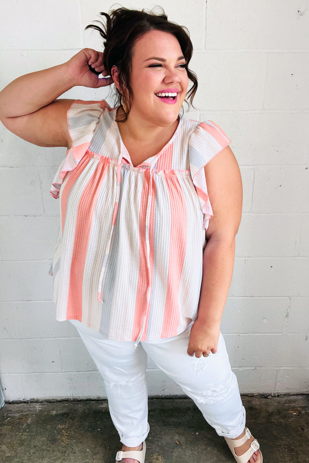 Sugarfox Coral & Light Blue Stripe Waffle Tie Neck Top