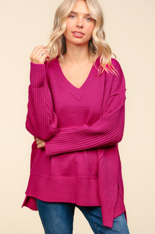 Haptics Magenta Oversized V Neck Rib Knit Sweater Haptics