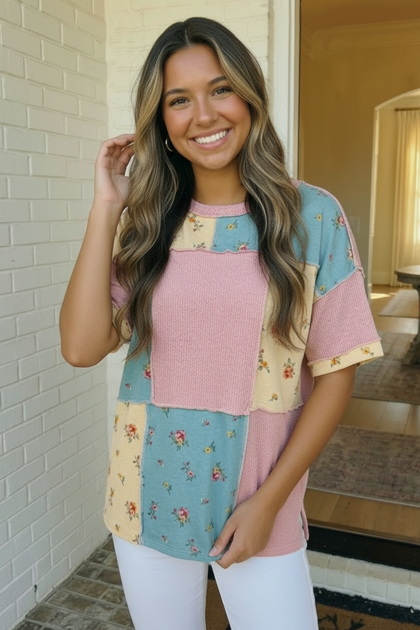 Haptics Patchwork Floral Waffle Knit Top