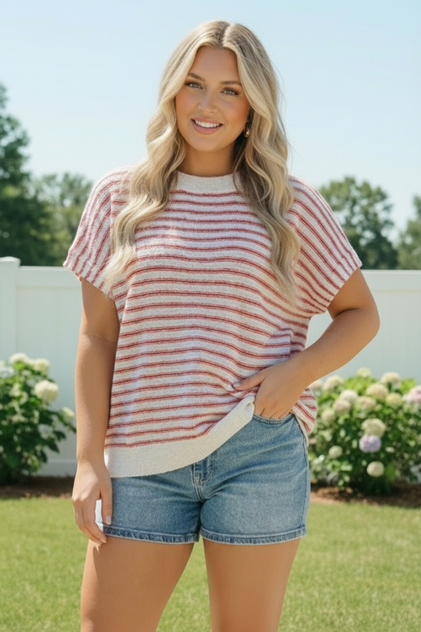 Haptics Breezy Stripe Knit Top in Ivory and Red
