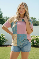 Haptics Patchwork Floral Waffle Knit Top