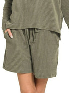 Zenana Dark Olive Corded Rib Long Sleeve Tee and Shorts Set