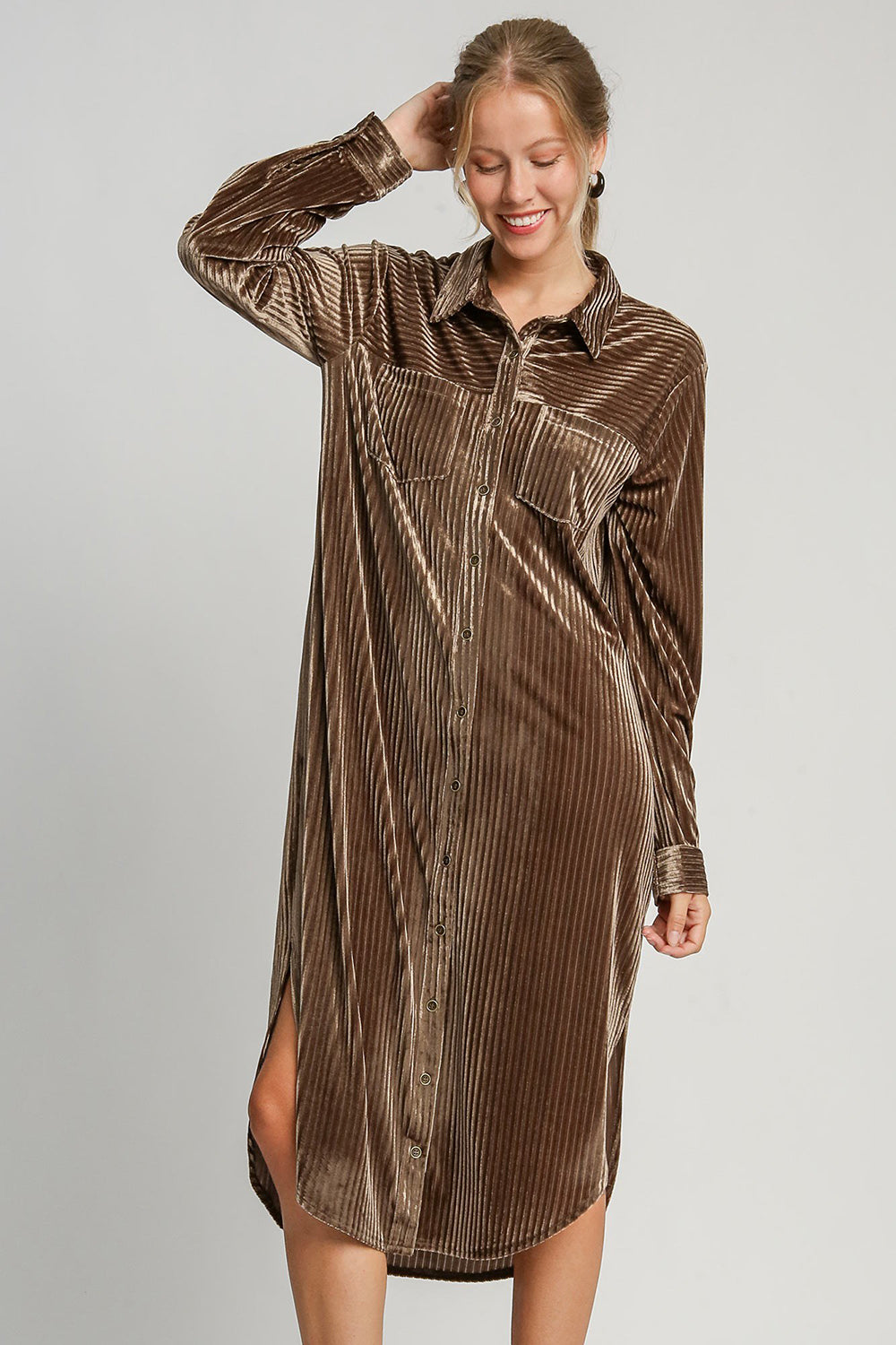 Umgee Textured Curved Hem Button Down Shirt Dress in Brown Dresses