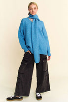 Davi & Dani Cerulean V-Neck Dropped Shoulder Sweater with Scarf Cerulean Trendsi