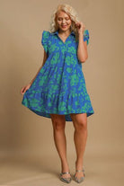 Umgee Blue Floral Print Ruffle Cap Sleeve Tiered Dress