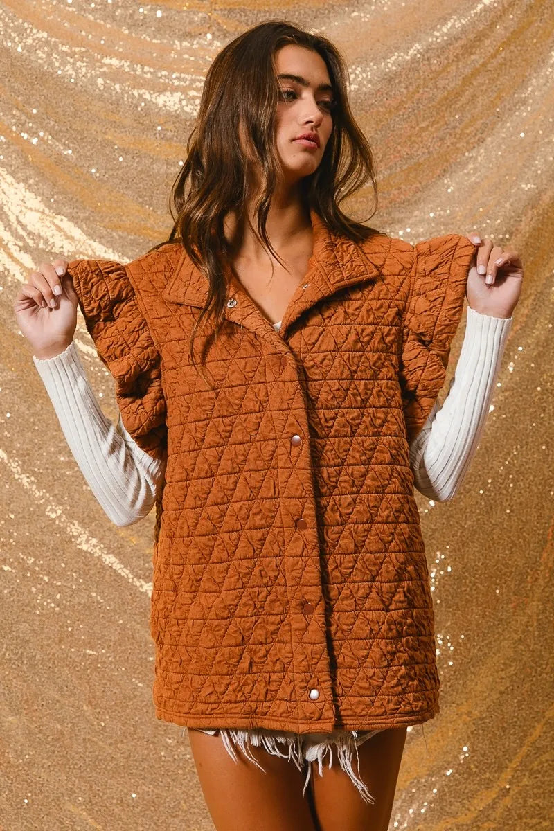 BiBi Rust Quilting Knit Ruffle Sleeve Vest