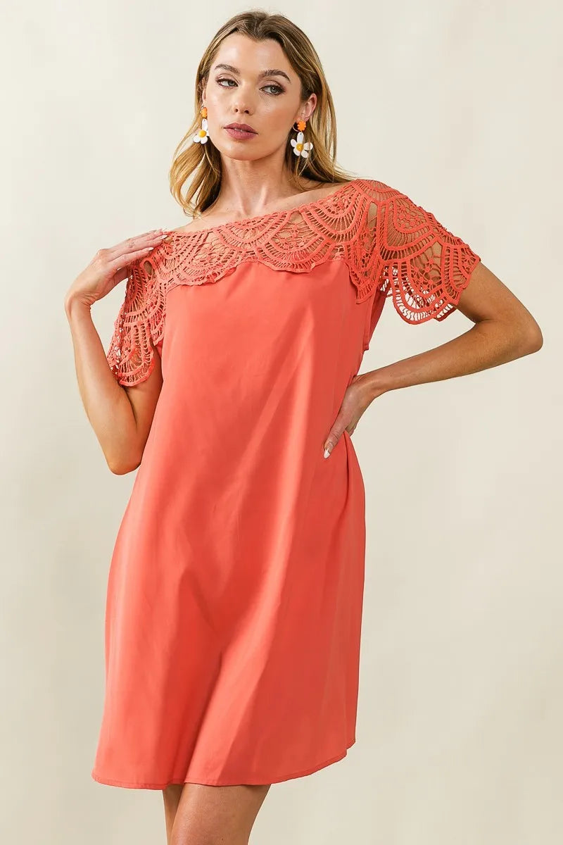 BiBi Apricot Crochet Lace Yoke Detailed Wrinkled Dress