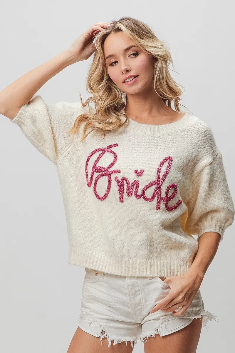 BiBi Ivory Bride Metallic Letter Short Puff Sleeve Hairy Sweater