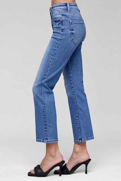 RISEN Medium Washed Tummy Control High Rise Crop Straight Jeans