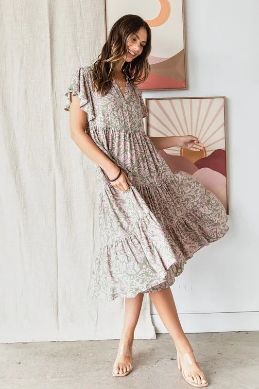 Mittoshop Abstract Print Ruffle Tier Midi Dress in Sage