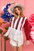 BiBi American Flag Theme Fringe Detailed Sequins Crop Top AMERICAN FLAG