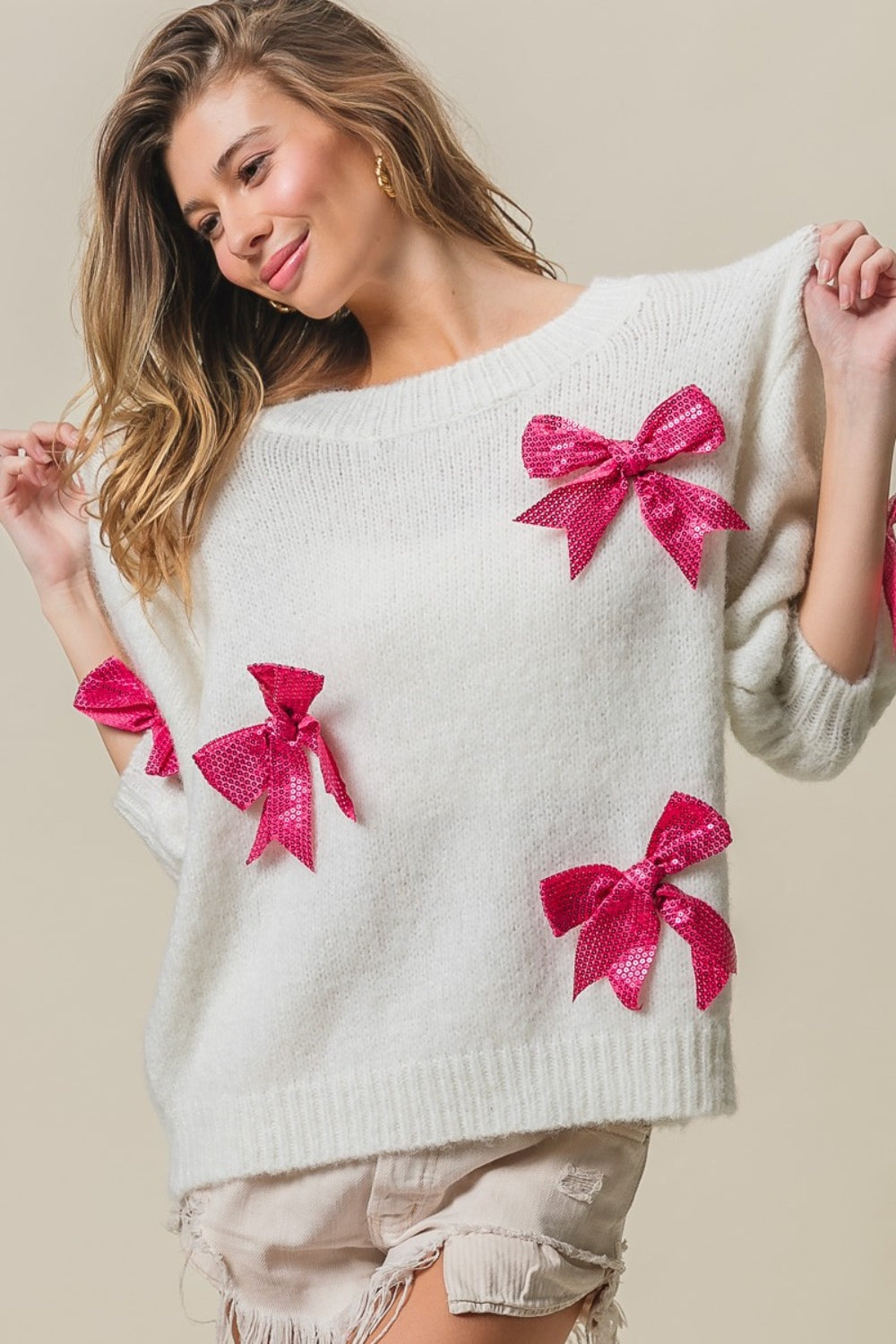 BiBi Ivory & Fuchsia Sequin Bow Puff Sleeve Sweater Trendsi