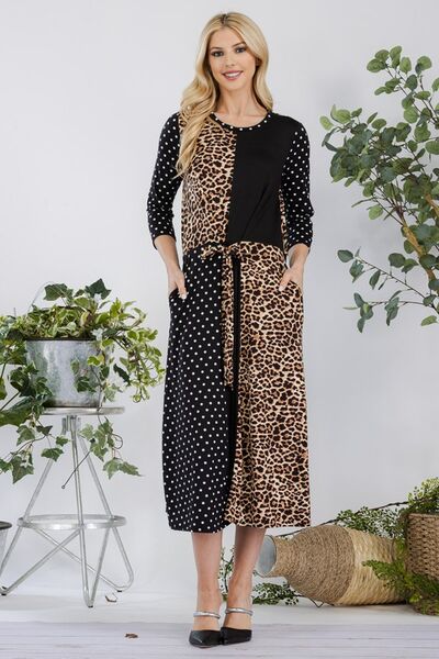 Celeste Black & Leopard Multi Pattern Front Tie Midi Dress