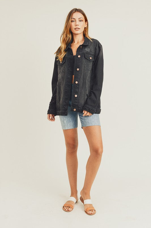 RISEN Black Distressed Long Sleeve Denim Jacket Coats & Jackets