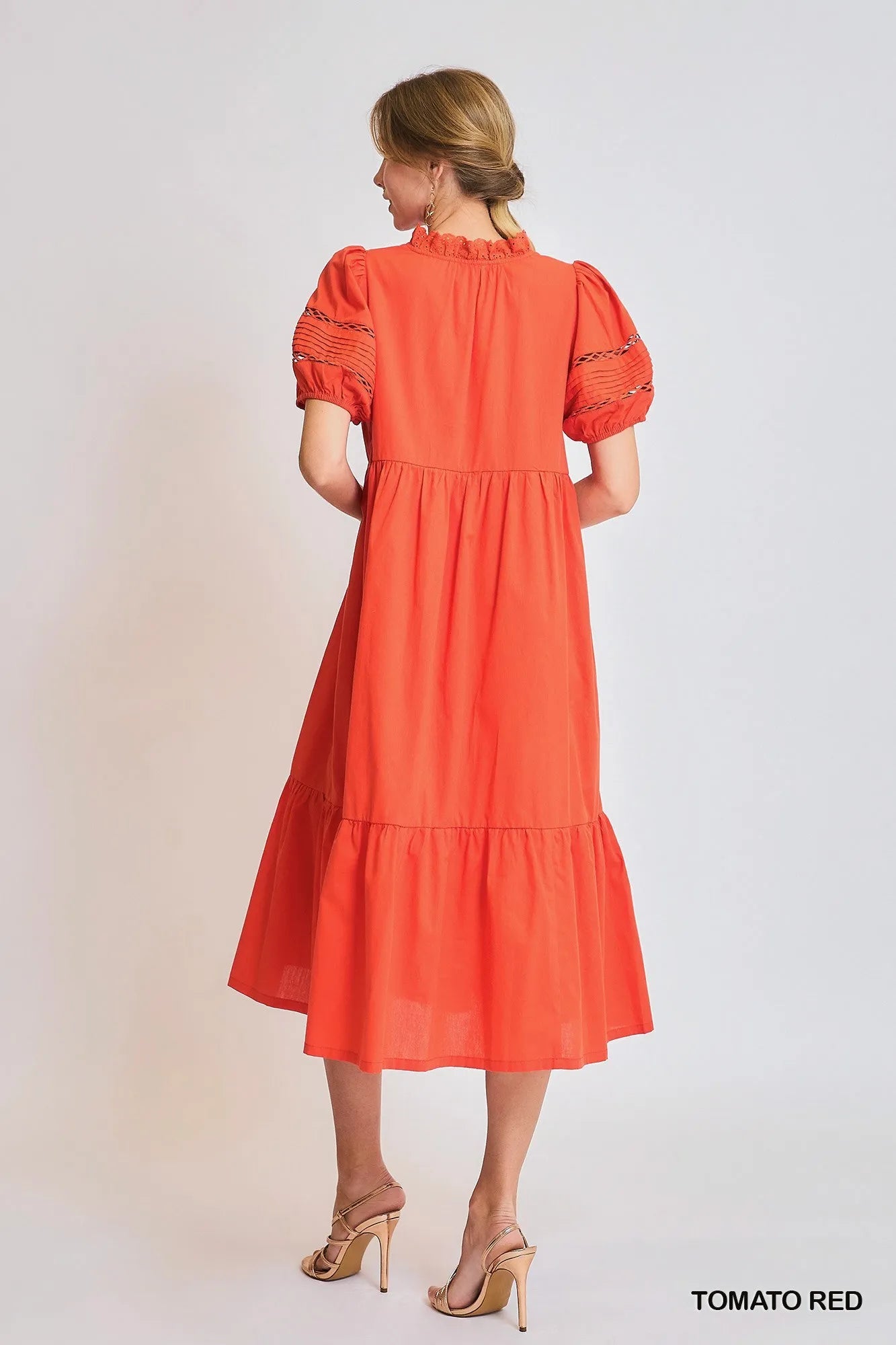 Umgee Tomato Red Short Sleeve Lace-Trim Ruffled Midi Dress