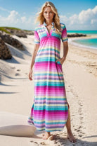 Heimish Pink Multi Color Striped Short Sleeve Maxi Dress